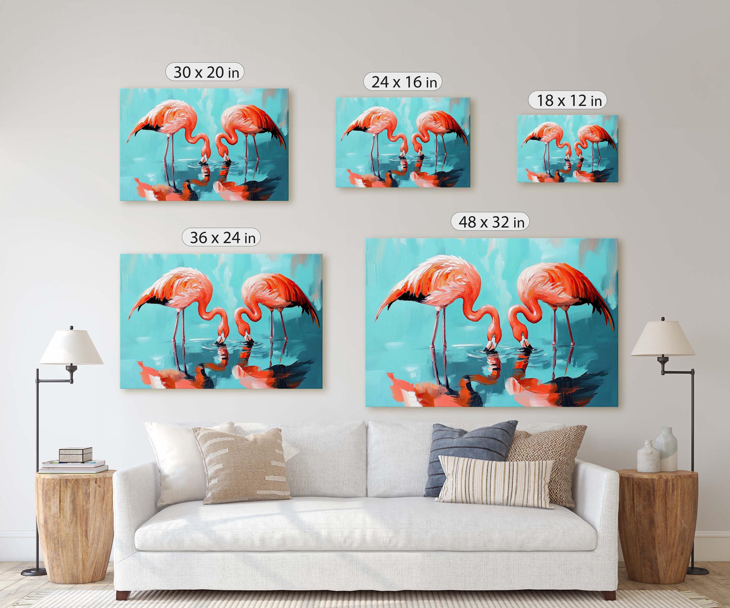 Flamingo Painting, Bird Art, Flamingos Drinking