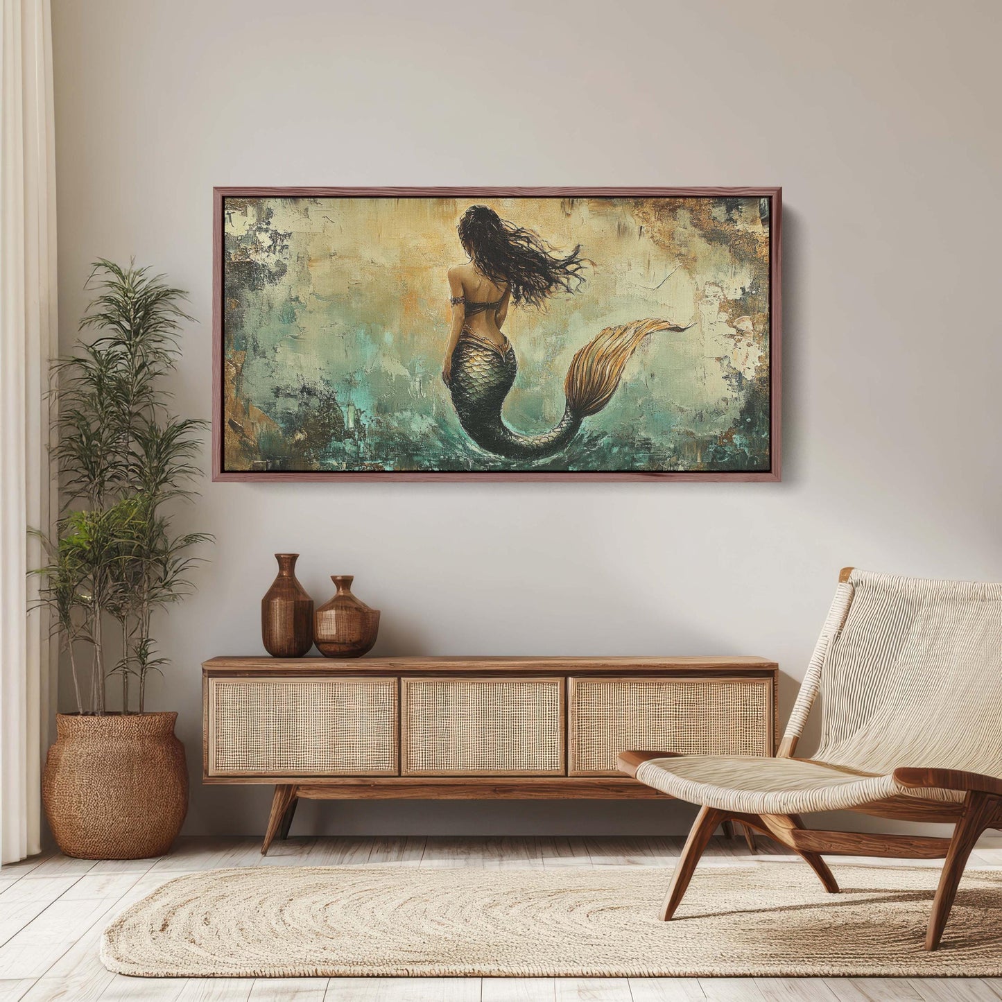 Rustic Mermaid, Faux metal art, Mythical Creature, Ocean Decor, Framed Canvas, Large Art print, Fantasy Painting
