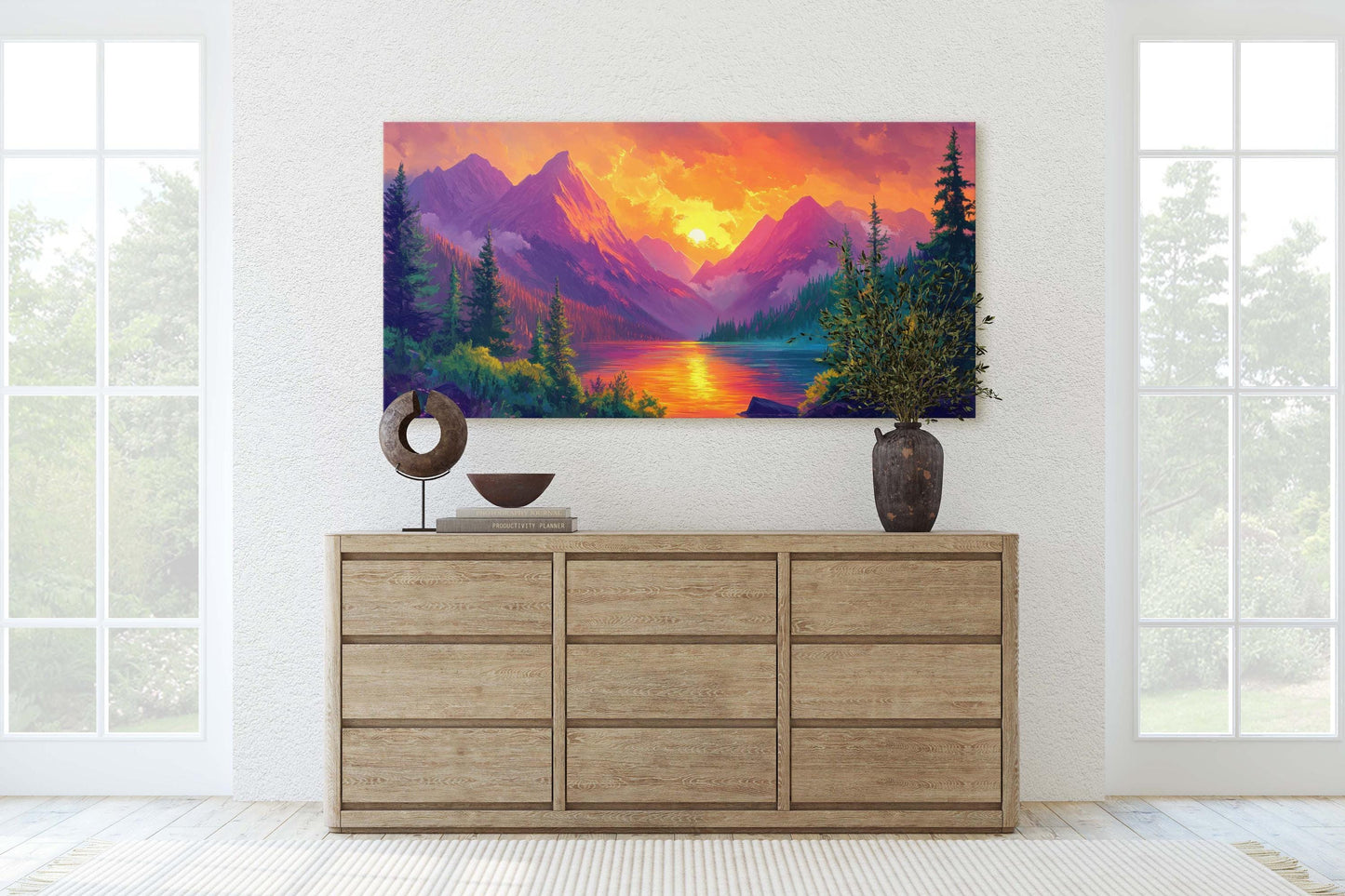 Colorful Mountain Sunrise On Canvas, Smoky Forest, Foggy Mountains, Vibrant Color, Abstract Art