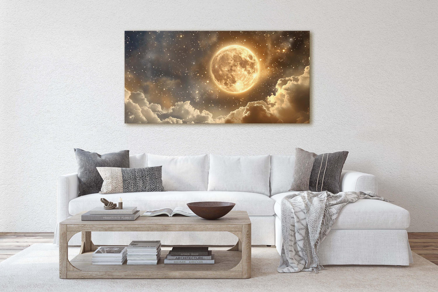 Full Moon Vintage ,Cloudy Moon Sky, Moon Painting, Moon and Stars