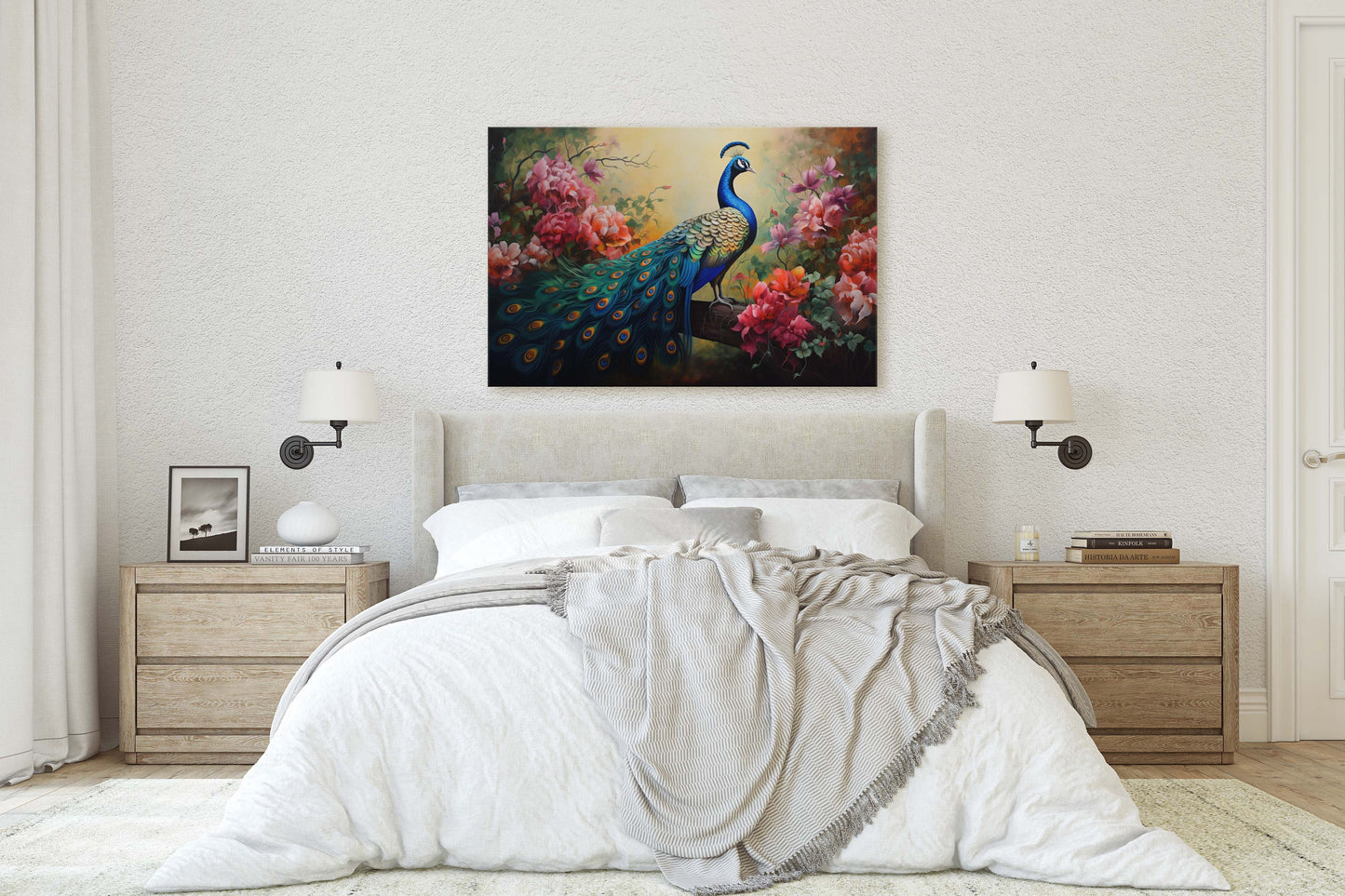 Peacock Painting, Pink Flowers, Colorful Art, Bird Decor, Framed Canvas, Large Print