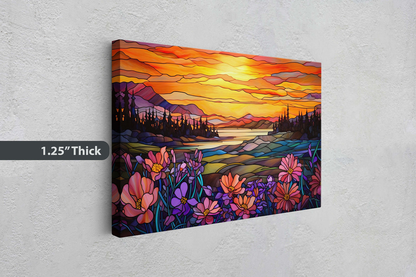Stained Glass Painting, Faux Stained Glass, Sunset Flowers, Sunrise Field, Mountain Landscape, Framed Canvas, Vivid Colorful