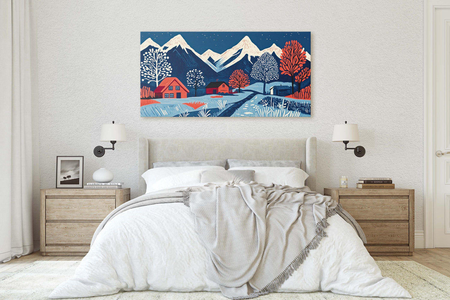 Scandinavian Village, Mountain Village, Mountain Town, Linocut Print