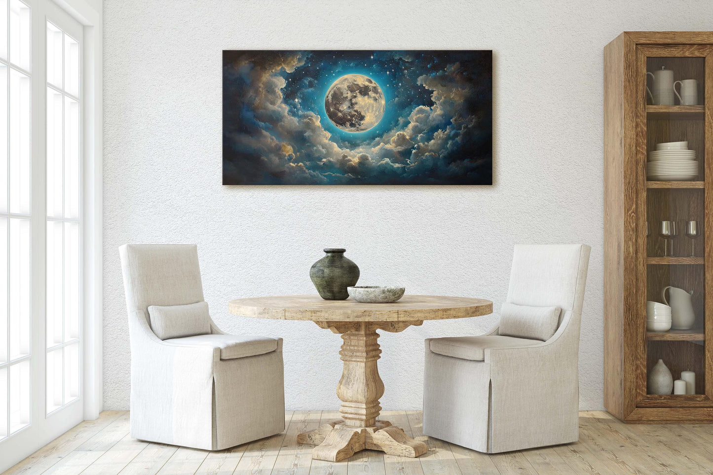 Full Moon Vintage ,Cloudy Moon Sky, Moon Painting, Moon and Stars
