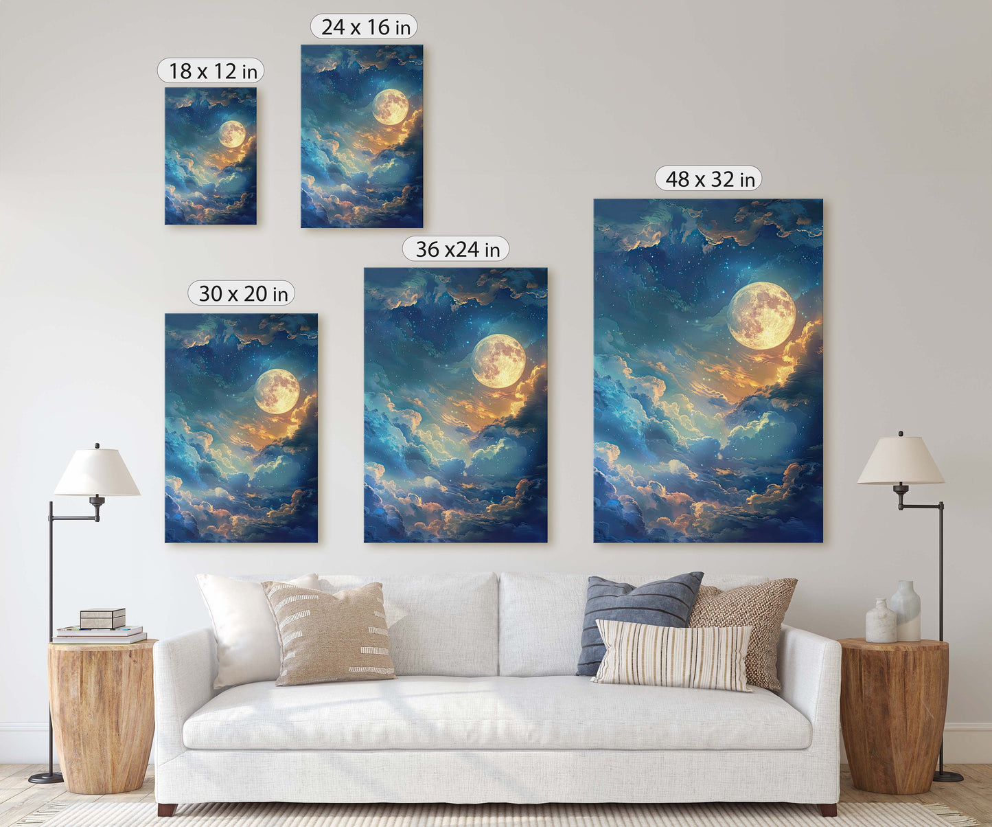 Cloudy Moon Sky, Moonlit Night, Golden Night, Full Moon Painting, Celestial Art, Nature, Retro Style