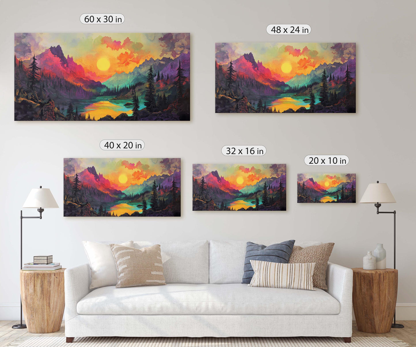 Colorful Mountain Sunrise on Canvas, Smoky Forest, Foggy Mountains, Vibrant Color, Abstract Art