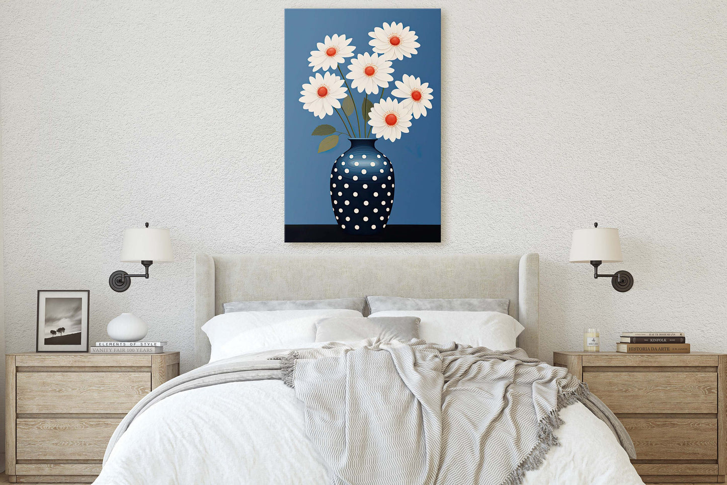 Flower Vase Painting, Contemporary Blue, White Floral Art, Framed Canvas, Large Art Print, Vertical Portrait, Indigo and White, Modern