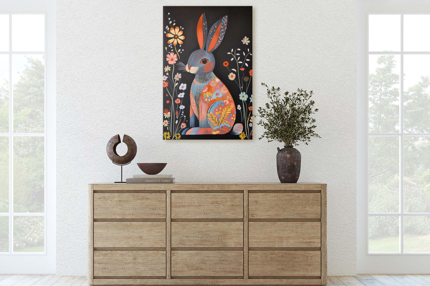Scandinavian Rabbit, Folk Art, Celestial Art, Framed Canvas, Dark Print, Nature Print, Whimsical