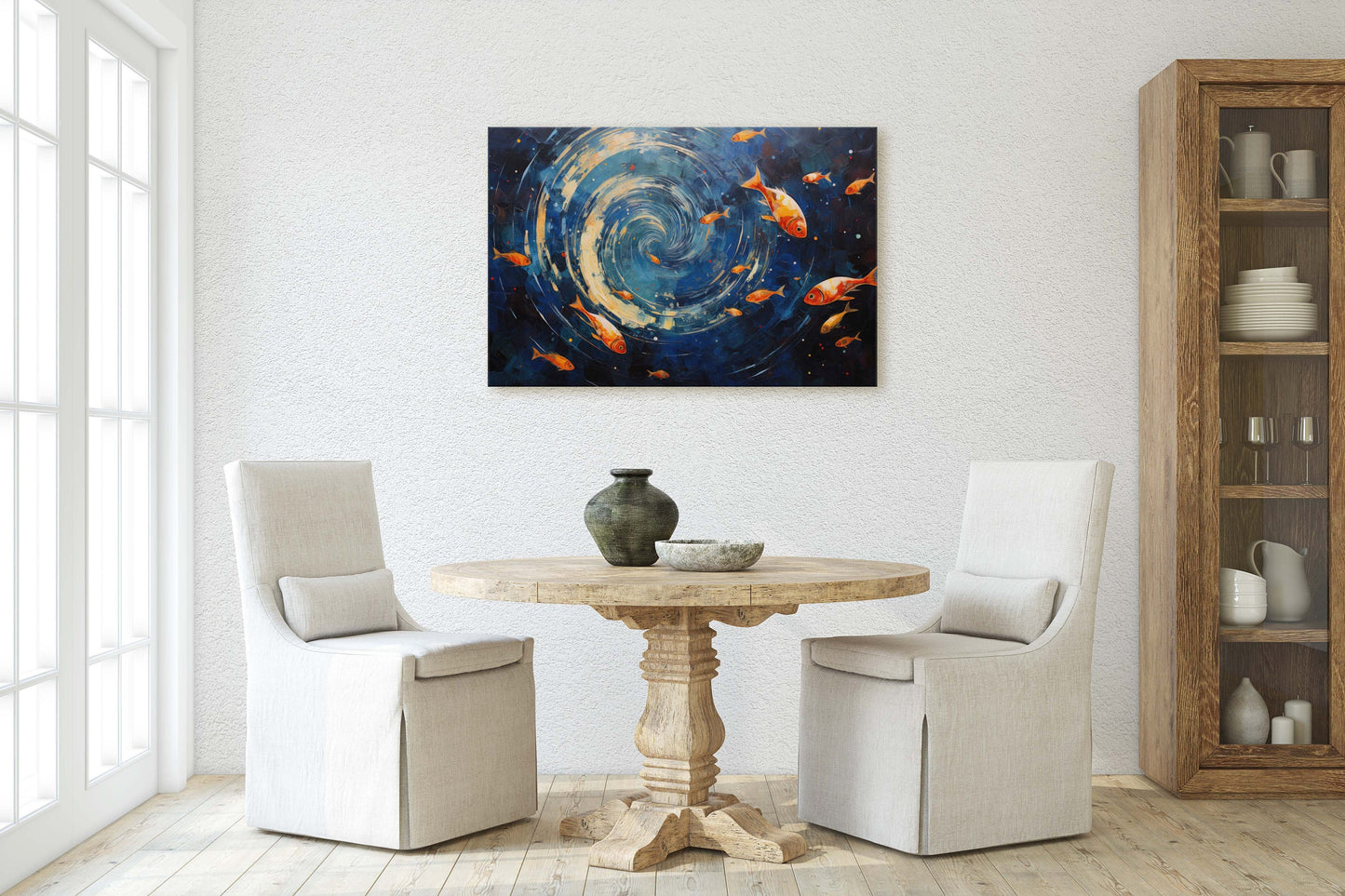 Fish School Painting, Canvas Wall Art, Abstract Blue Sea Painting, Boho Wall Décor, Custom Painting, Home Decor,Large Original,Framed Canvas