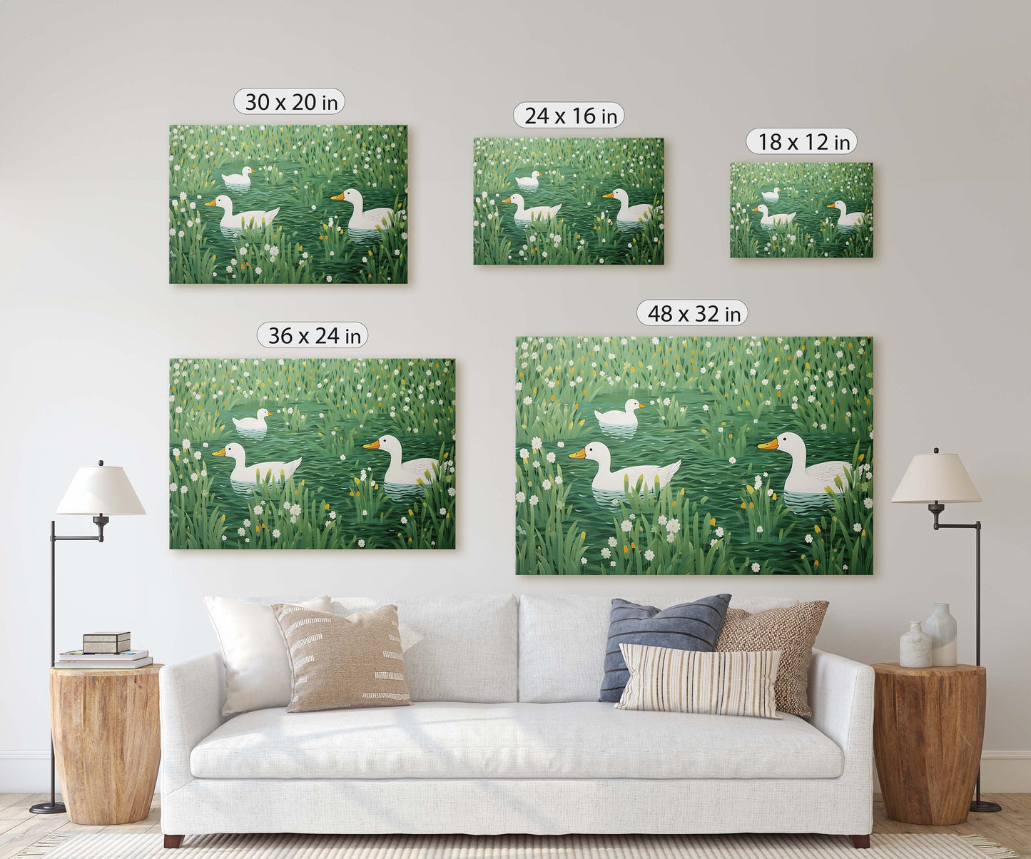 Ducks on Pond, Green Pond, Simple Minimal, Framed Canvas, Green and White, Emerald Green, Large Art Print, Mallard Duck, Lake, Marsh