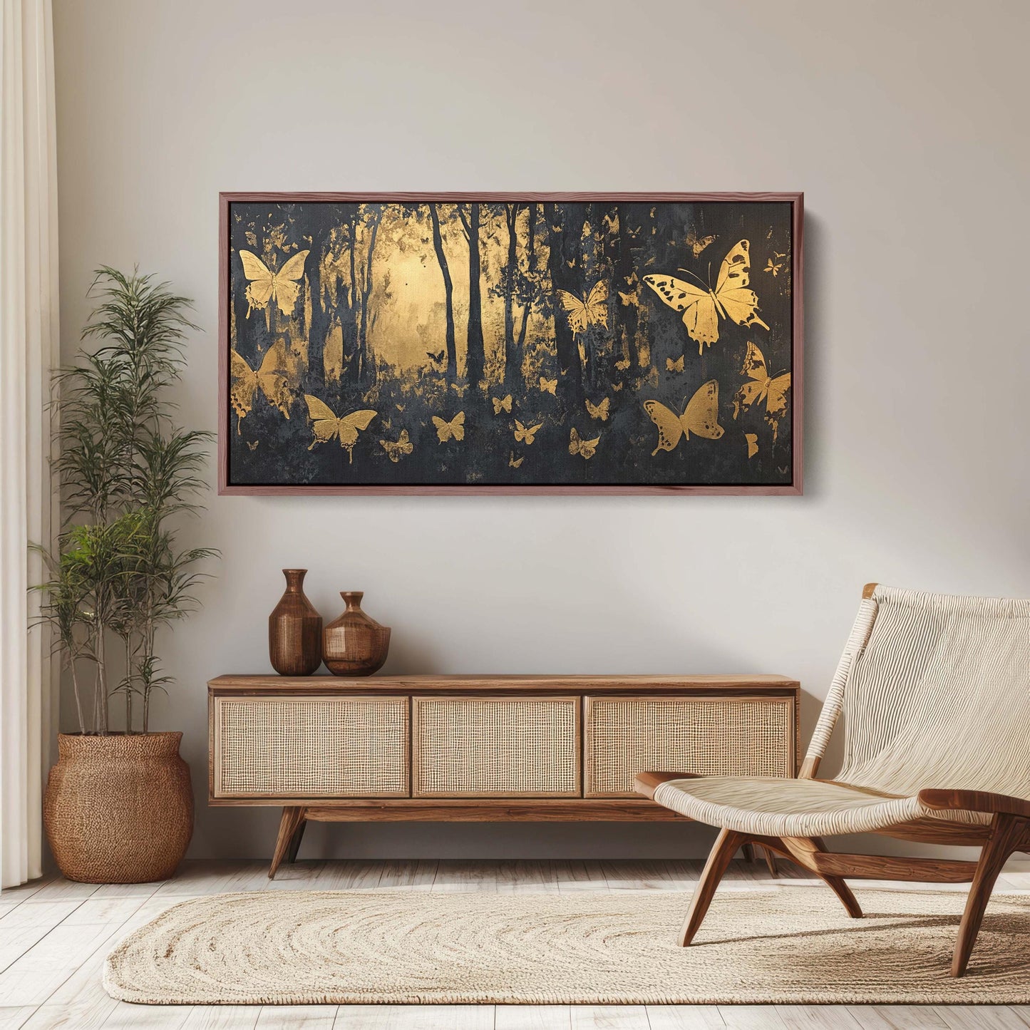 Butterfly Forest, Black and Gold Trees, Wide Canvas print, Modern Contemporary