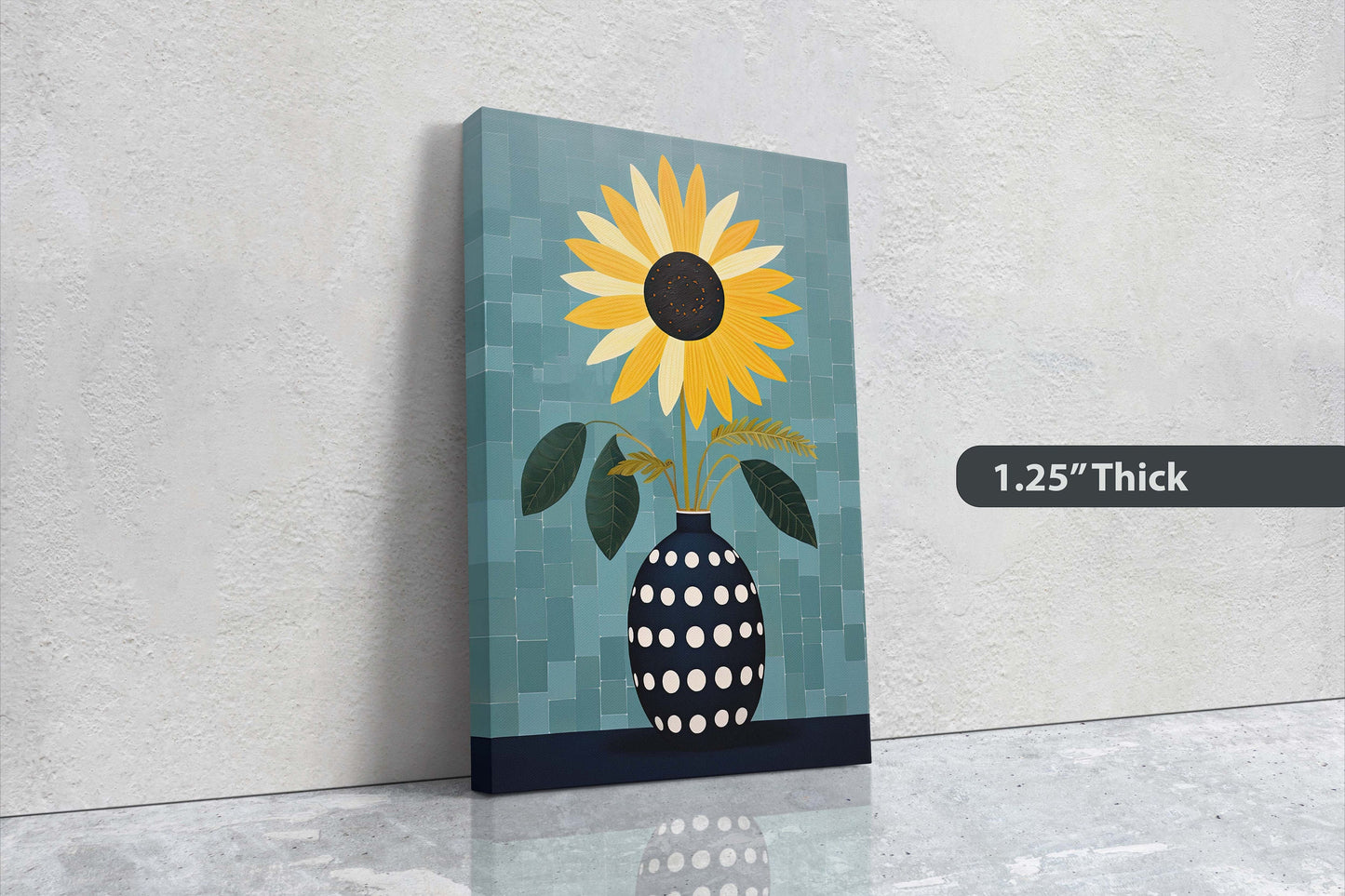 Sunflower Vase, Yellow and Blue, Indigo and Gold, Framed Canvas, Vertical Portrait, Large Art Print, Simple Bold, Contemporary Painting