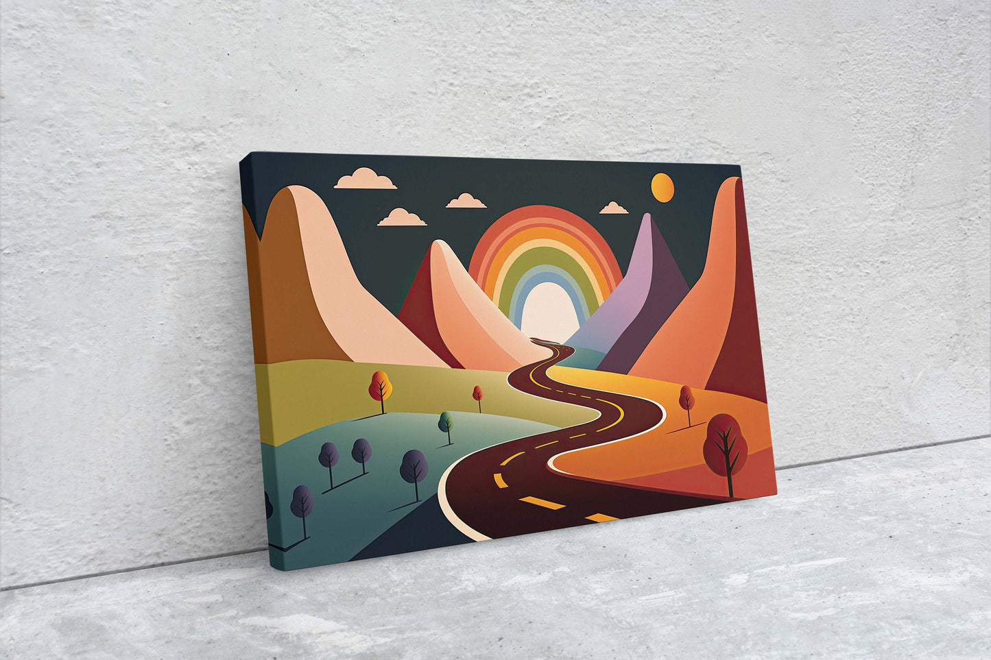 Rainbow Road, Colorful mountain, Minimalist, Canvas Art Large Print, Oil Painting, Landscape, Cartoon, Bold Illustration, Joyful