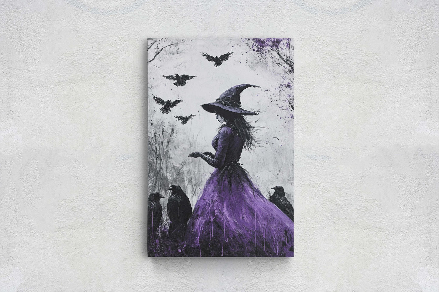 Purple Witch, Raven Art, Canvas Print, Gothic Halloween, Whimsical Decor, Halloween Art,