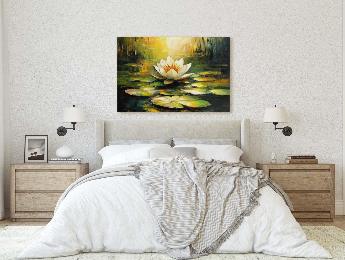 White Lotus Painting, Lily Pad Art, Green Lake, Nature Painting