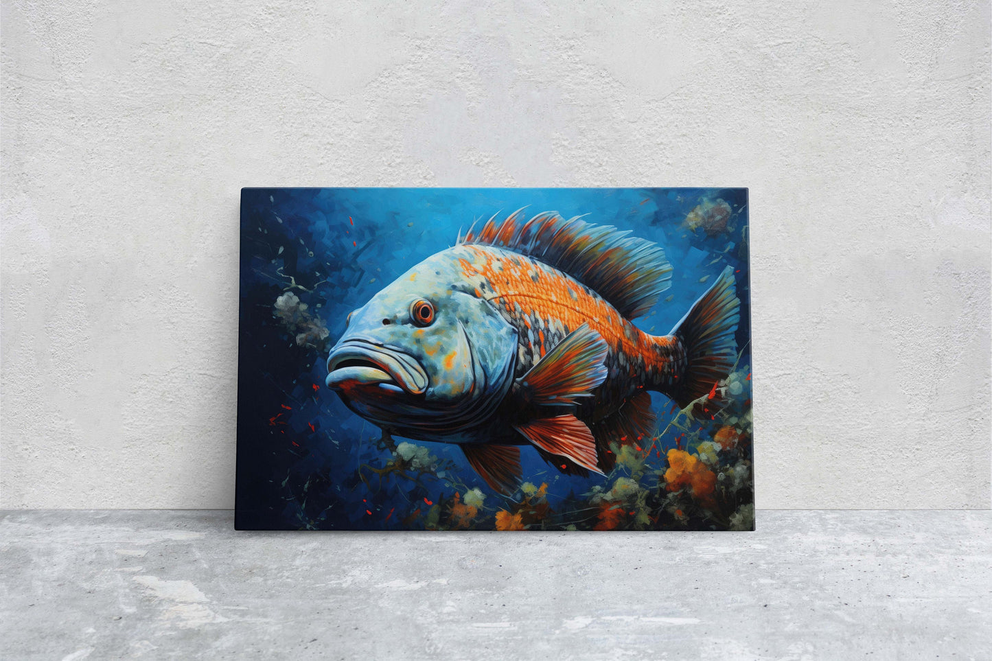 Fish Painting, Canvas Wall Art, Abstract Blue Sea Painting, Boho Wall Décor, Custom Painting, Home Decor,Large Original,Framed Canvas