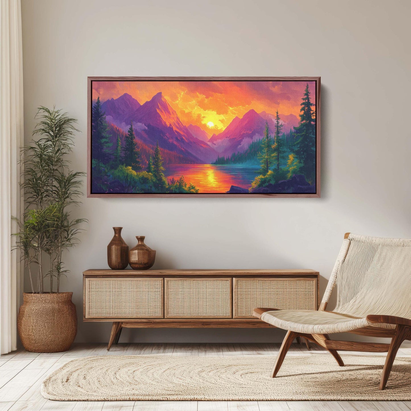Colorful Mountain Sunrise On Canvas, Smoky Forest, Foggy Mountains, Vibrant Color, Abstract Art