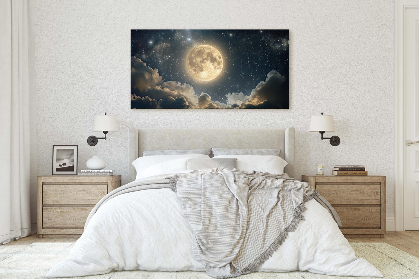 Full Moon Vintage ,Cloudy Moon Sky, Moon Painting, Moon and Stars