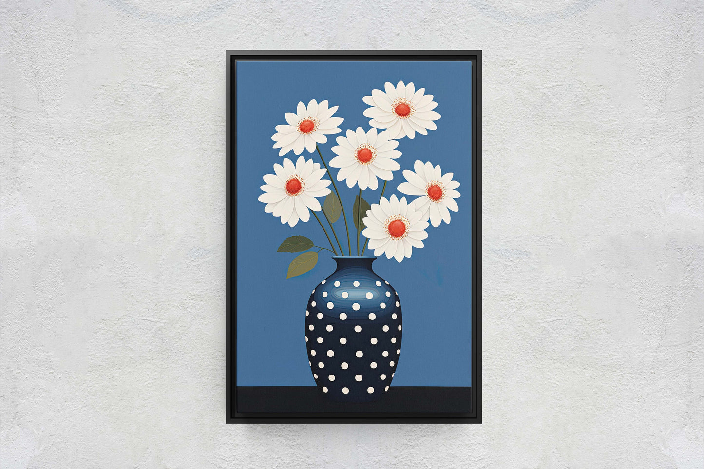 Flower Vase Painting, Contemporary Blue, White Floral Art, Framed Canvas, Large Art Print, Vertical Portrait, Indigo and White, Modern