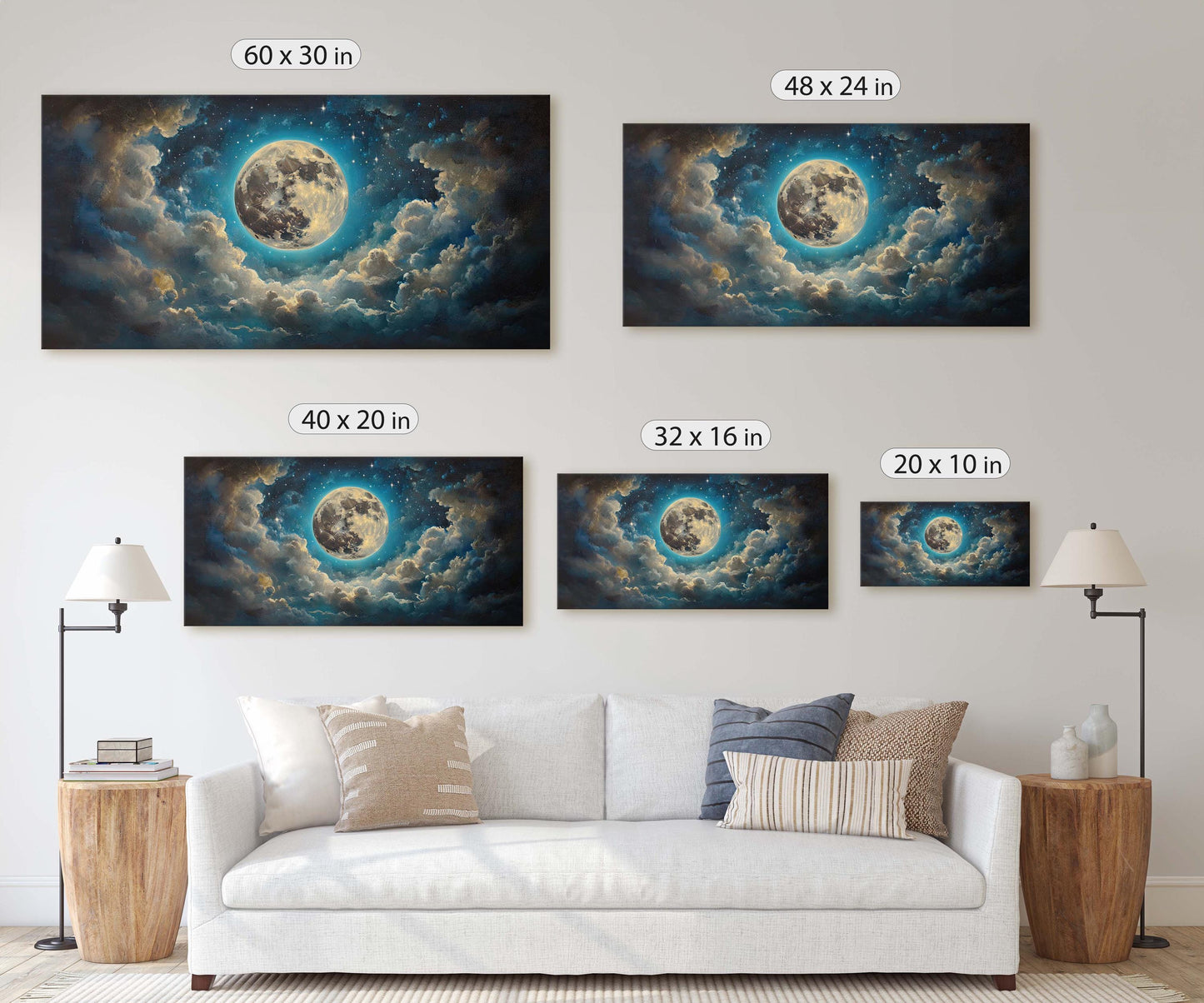 Full Moon Vintage ,Cloudy Moon Sky, Moon Painting, Moon and Stars