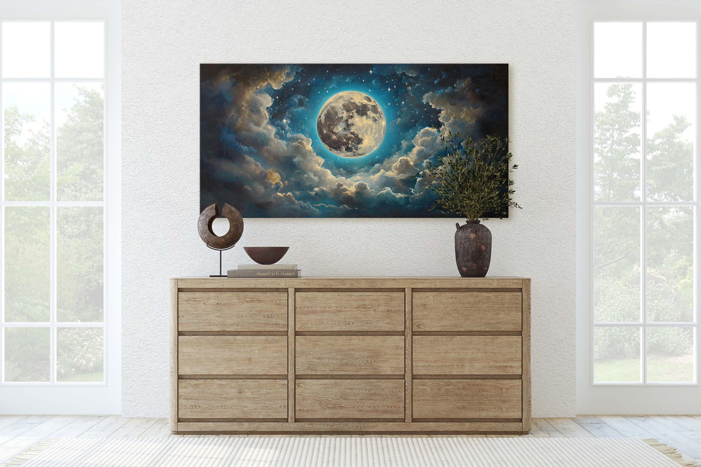 Full Moon Vintage ,Cloudy Moon Sky, Moon Painting, Moon and Stars