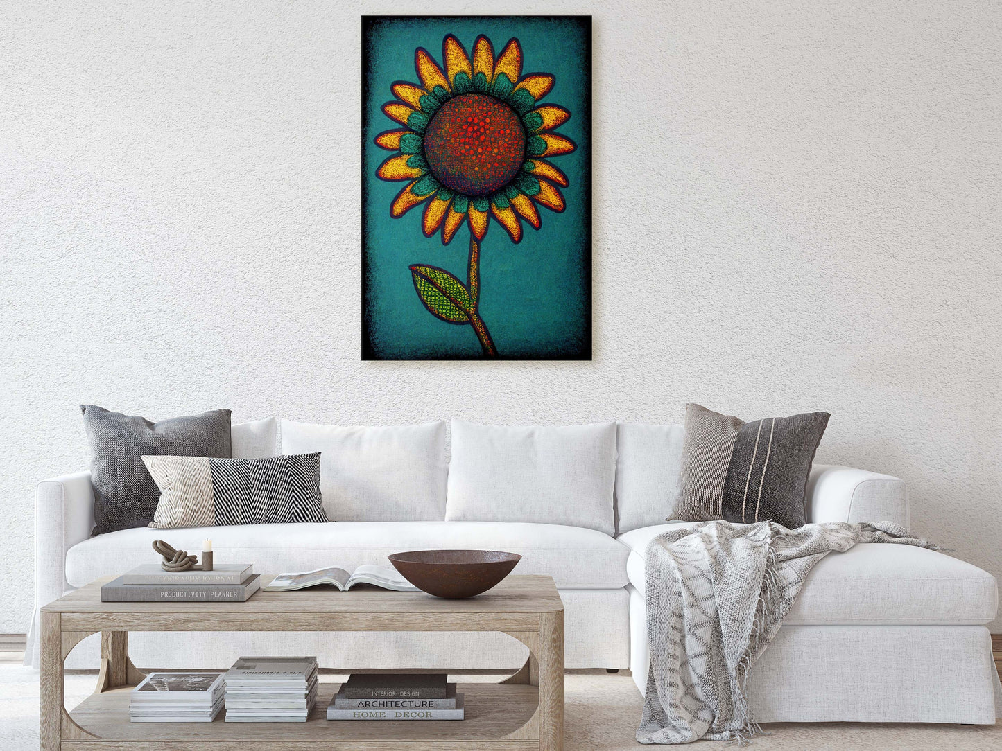 Sunflower, Abstract, Pointillism, Flower Decor, Large Canvas Print, Ready To hang, Farmhouse, Farm, Vertical Print, Modern Art, Contemporary