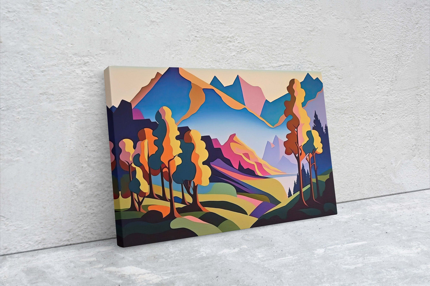 Surreal Mountain, Subdued Landscape, Simplistic Painting, Minimal Abstract, Modern, Art Deco, Geometric Shapes