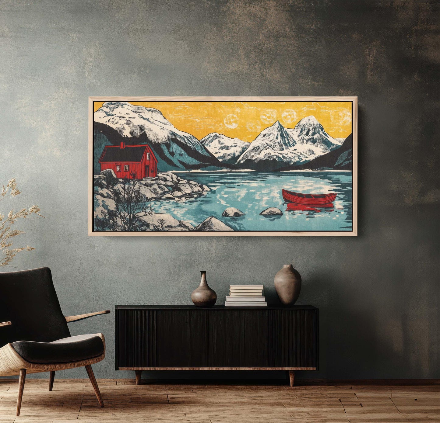 Scandinavian Art, Mountain Cabin, Mountain Lake, Canoe Lake