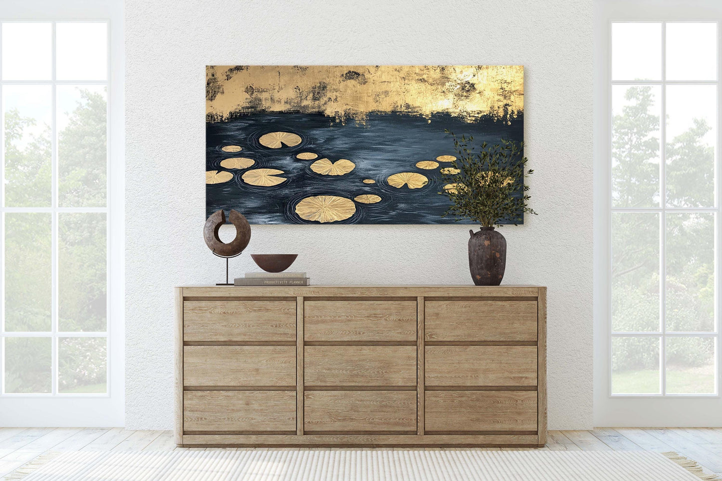 Lily Pad Pond, Black and Gold, lillipad Contemporary, Modern Abstract