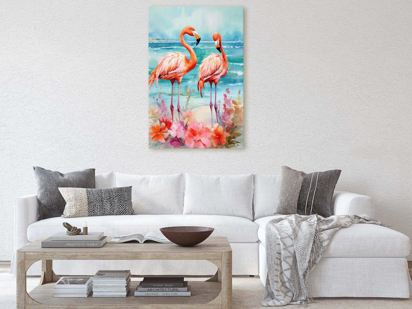 Flamingo Flowers on Canvas, Floral Bird, Beach Art, Framed Canvas, Tropical Art, Blue Water, Animal Print, Bird Lover, Vertical Portrait