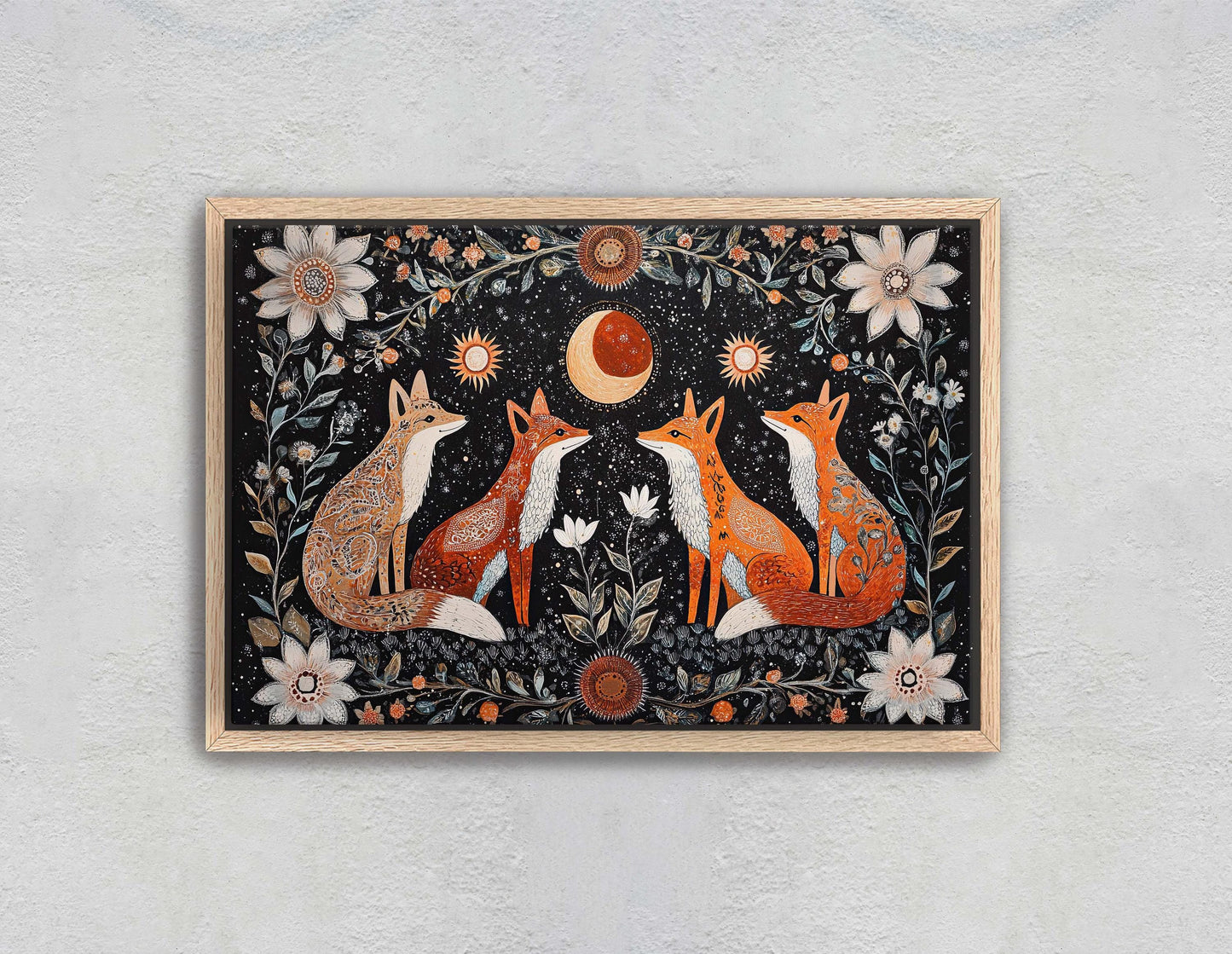 Fox Folk Art, Celestial Art, Fox Art, Nature print, Canvas print