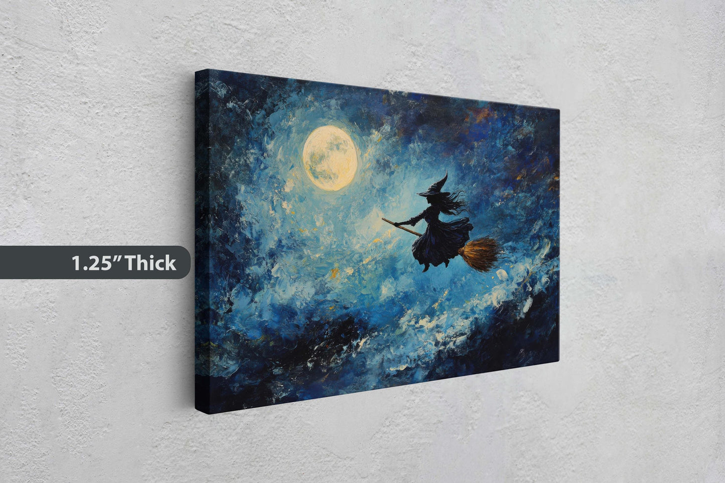 Flying Witch, Witch on Broomstick, Whimsical Decor, Full Moon,Halloween Art, Star Sky, Cloudy