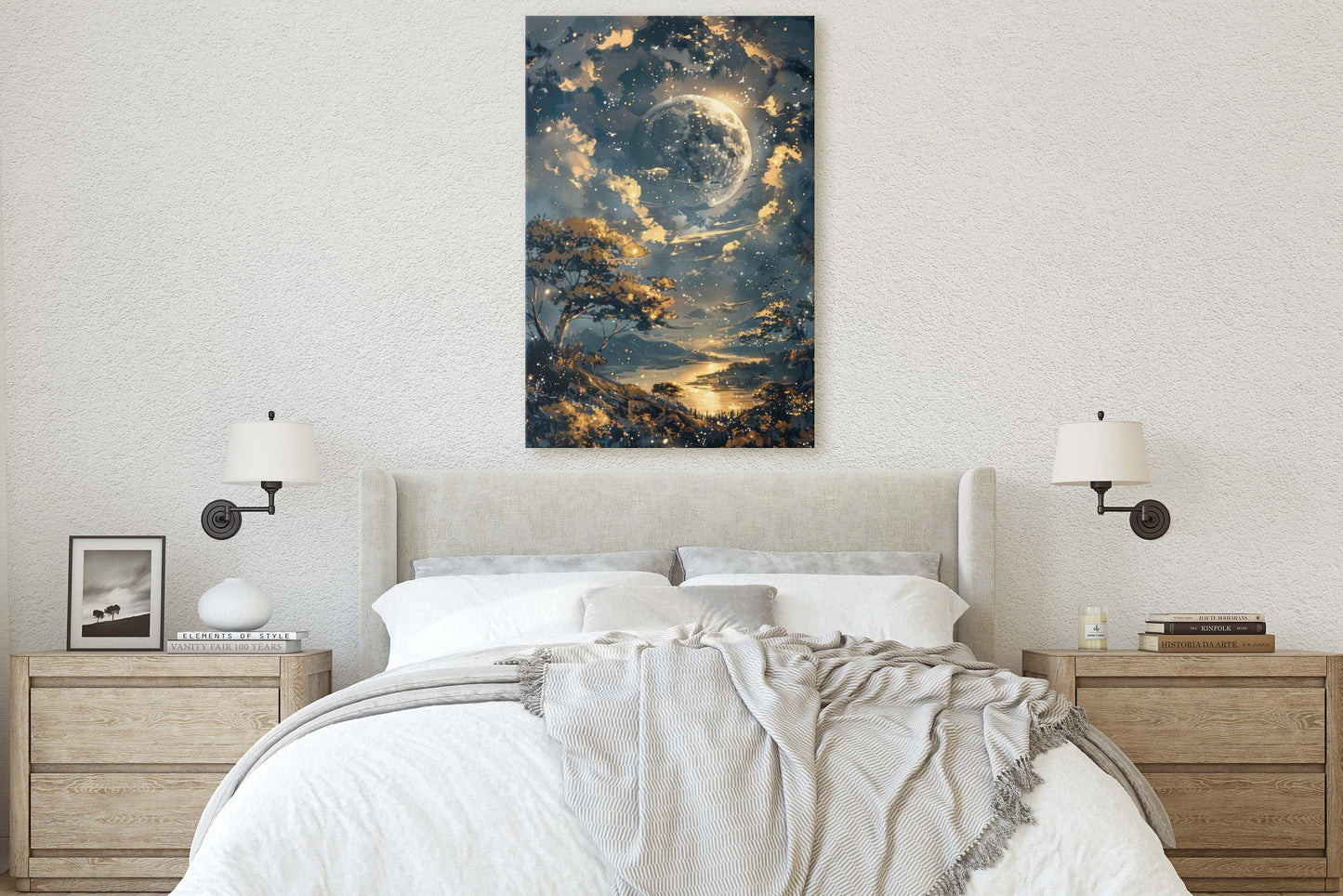 Full Moon, Celestial Painting, Night Sky, Golden Glow, Majestic Landscape, Framed Canvas, Large Art Print