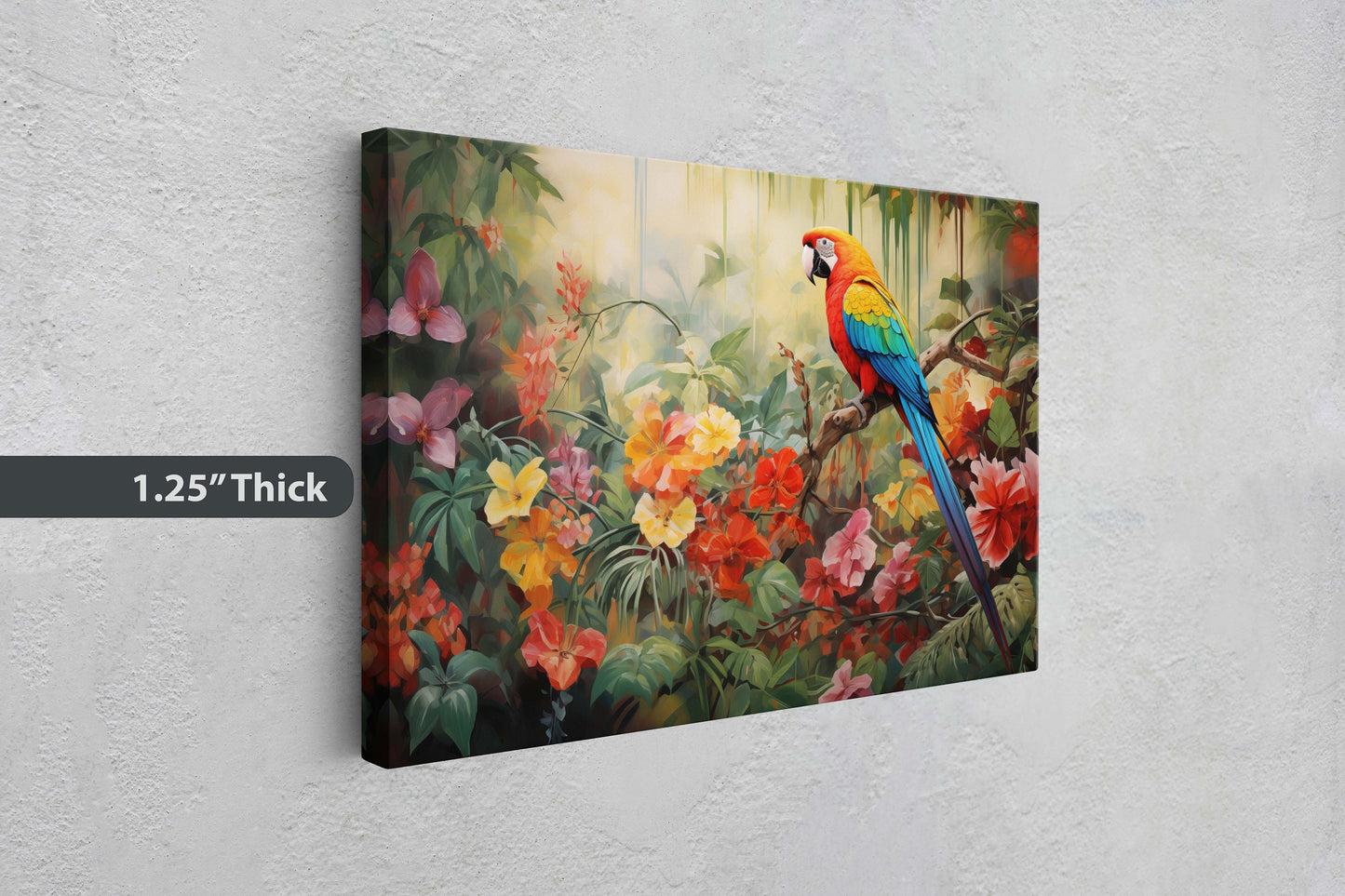 Jungle Bird Painting, Jungle Art, Green Jungle, Framed Canvas, Large Print, Beautiful Bird, Flower Jungle, Tropical Forest, Rainforest Art