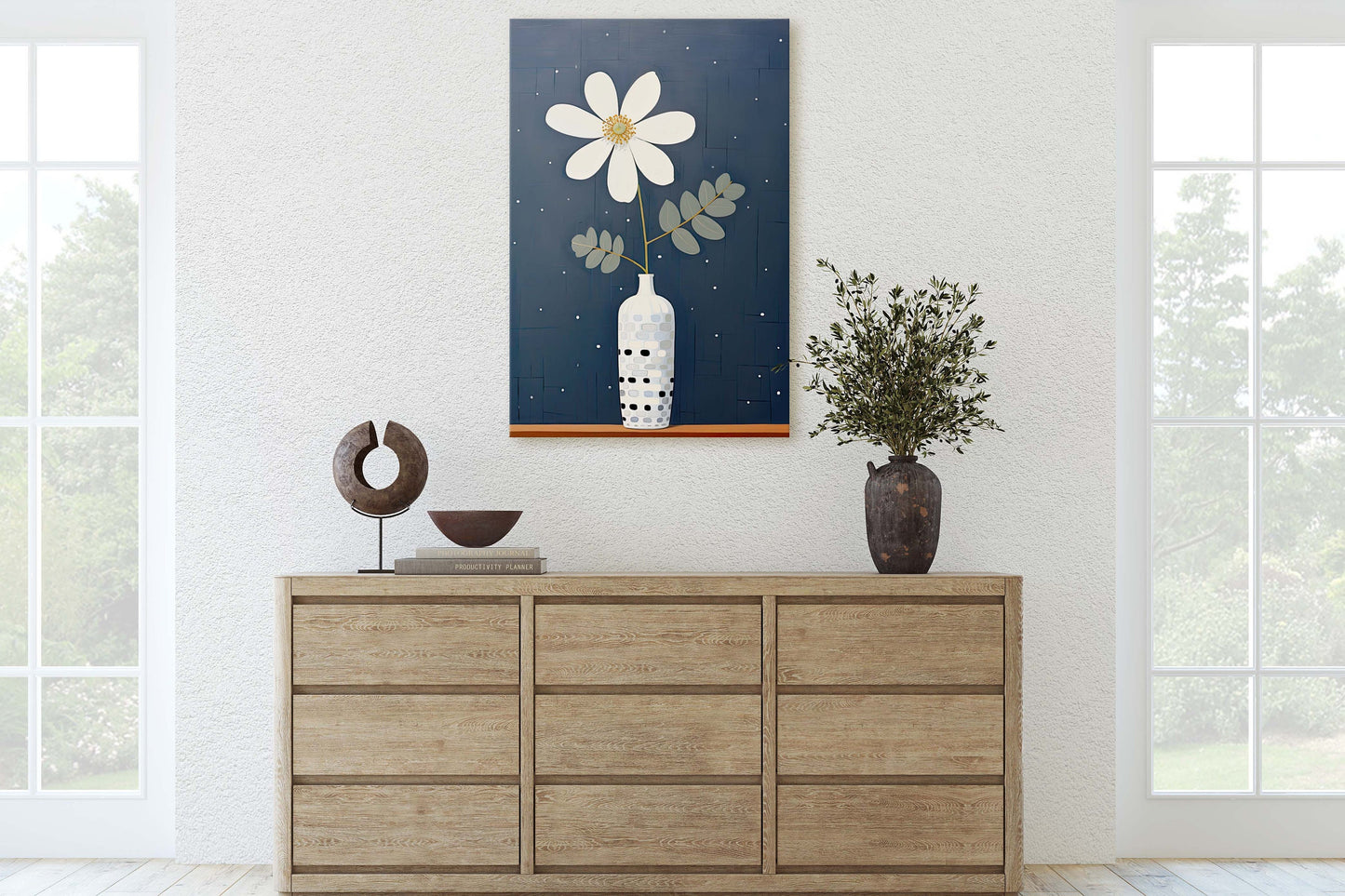Flower Vase Painting, Contemporary Blue, White Floral Art, Framed Canvas, Large Art Print, Vertical Portrait, Indigo and White, Modern