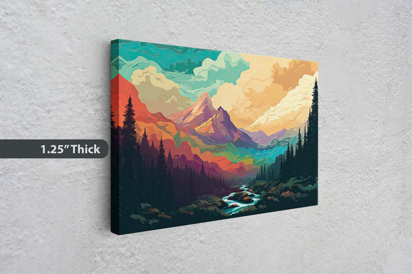 Cloud Mountains on Canvas, Flat Illustration, Sunset Colors, Sunrise Scene, Mountain Range, National Park, Abstract Art, Drawing, Framed