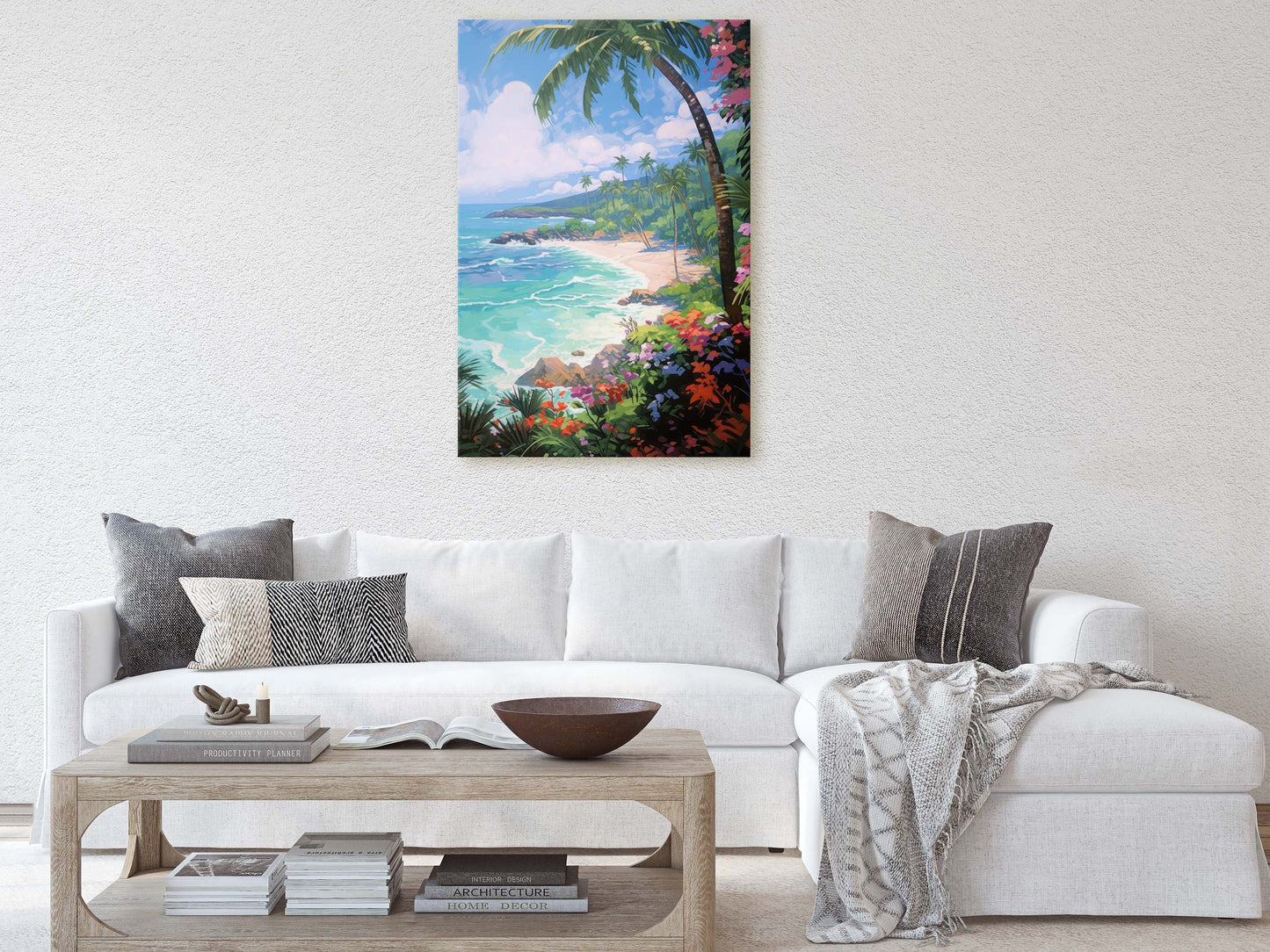 Flower Beach on Canvas, Coastal Painting, Palm Tree, Tropical Island, Framed Canvas, Palm Coast, Green Water, Blue Water