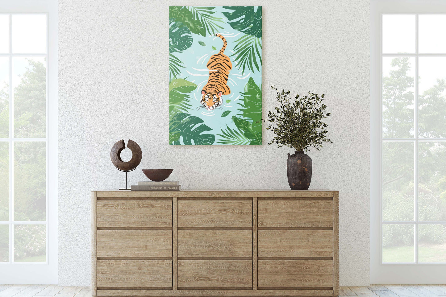 Tiger Swimming, Tropical Wall Art, Framed Canvas, Big Cat Art, Jungle Decor, Rainforest Art