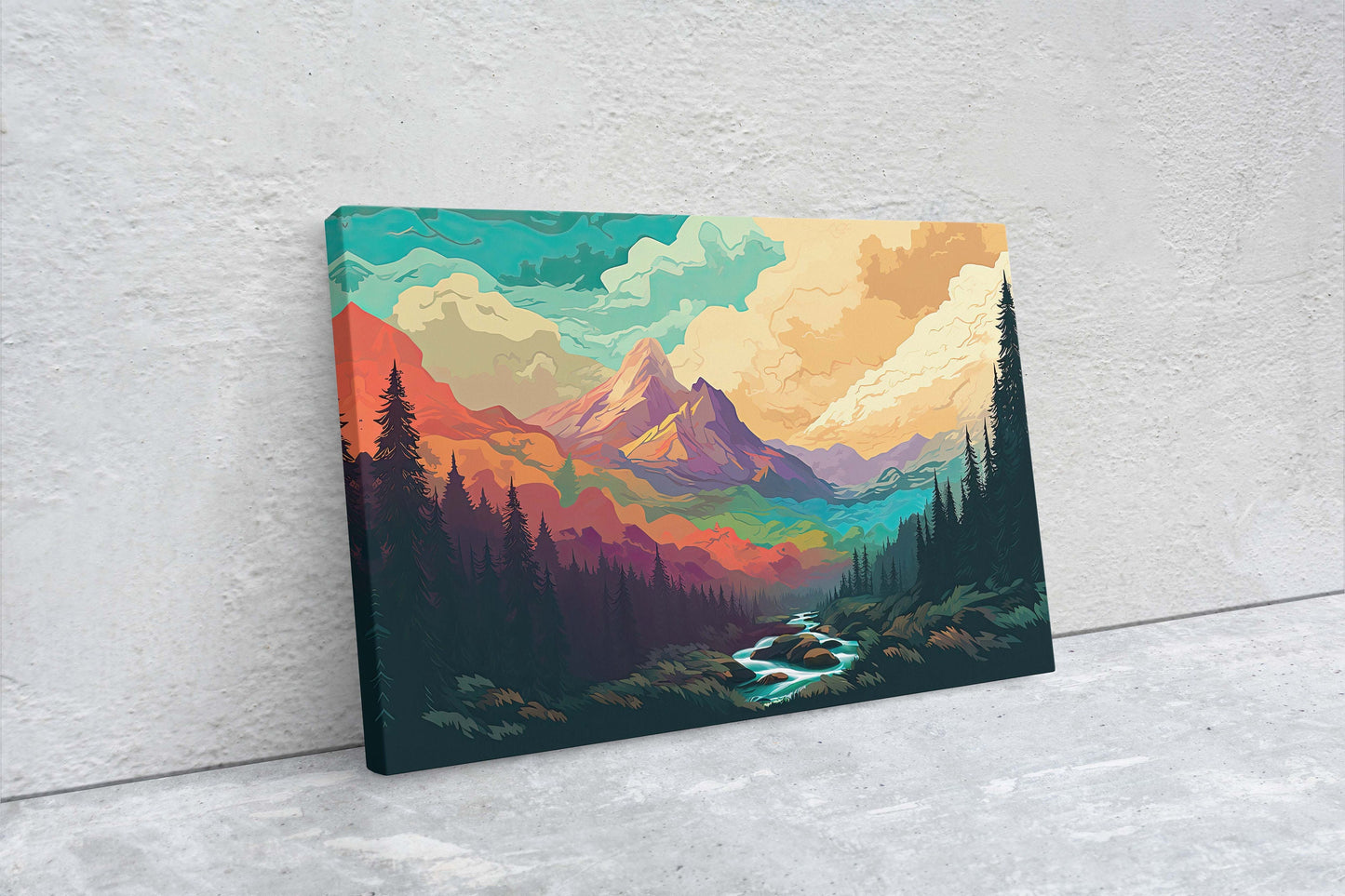 Cloud Mountains on Canvas, Flat Illustration, Sunset Colors, Sunrise Scene, Mountain Range, National Park, Abstract Art, Drawing, Framed
