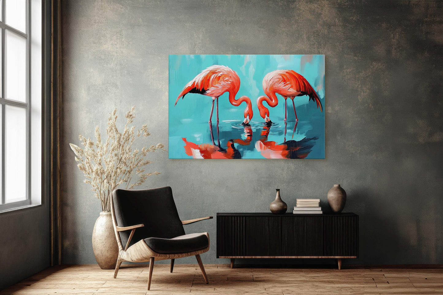 Flamingo Painting, Bird Art, Flamingos Drinking