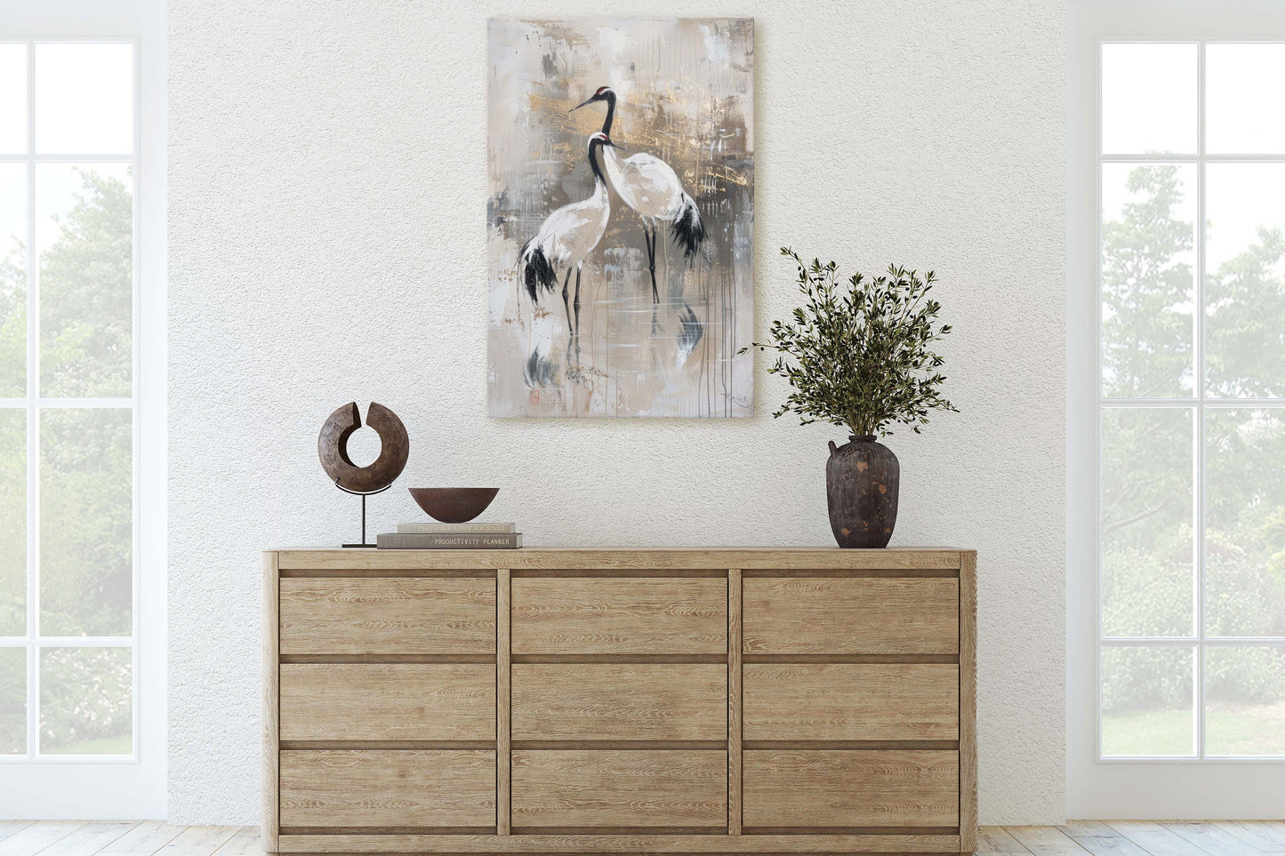 Japanese Gold Cranes, Gold and Beige, Minimalist Art, Heron Decor, Framed Canvas, Japandi Print, Extra Large, Neutral Tones