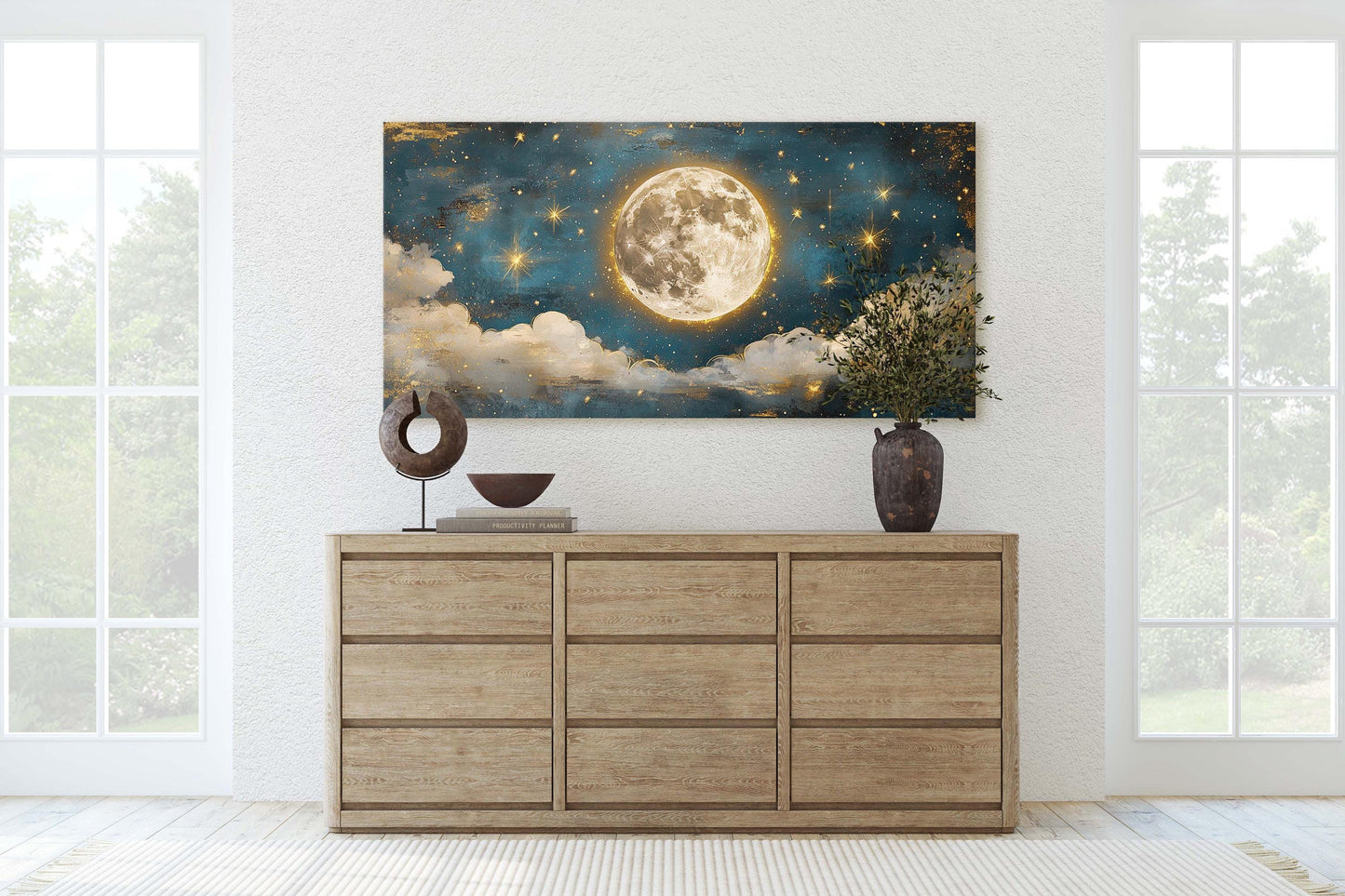 Cloudy Moon Sky, Moon Painting, Moon and Stars, Full Moon