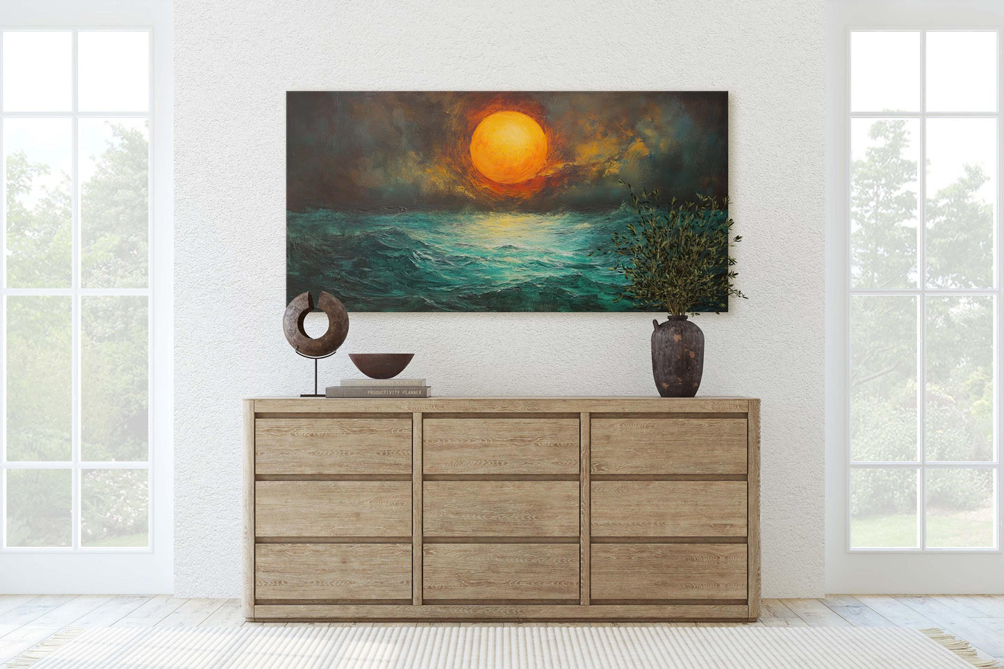 Dark Sunset, Orange Sun, Green Sea, Dark Colors, Moody Print