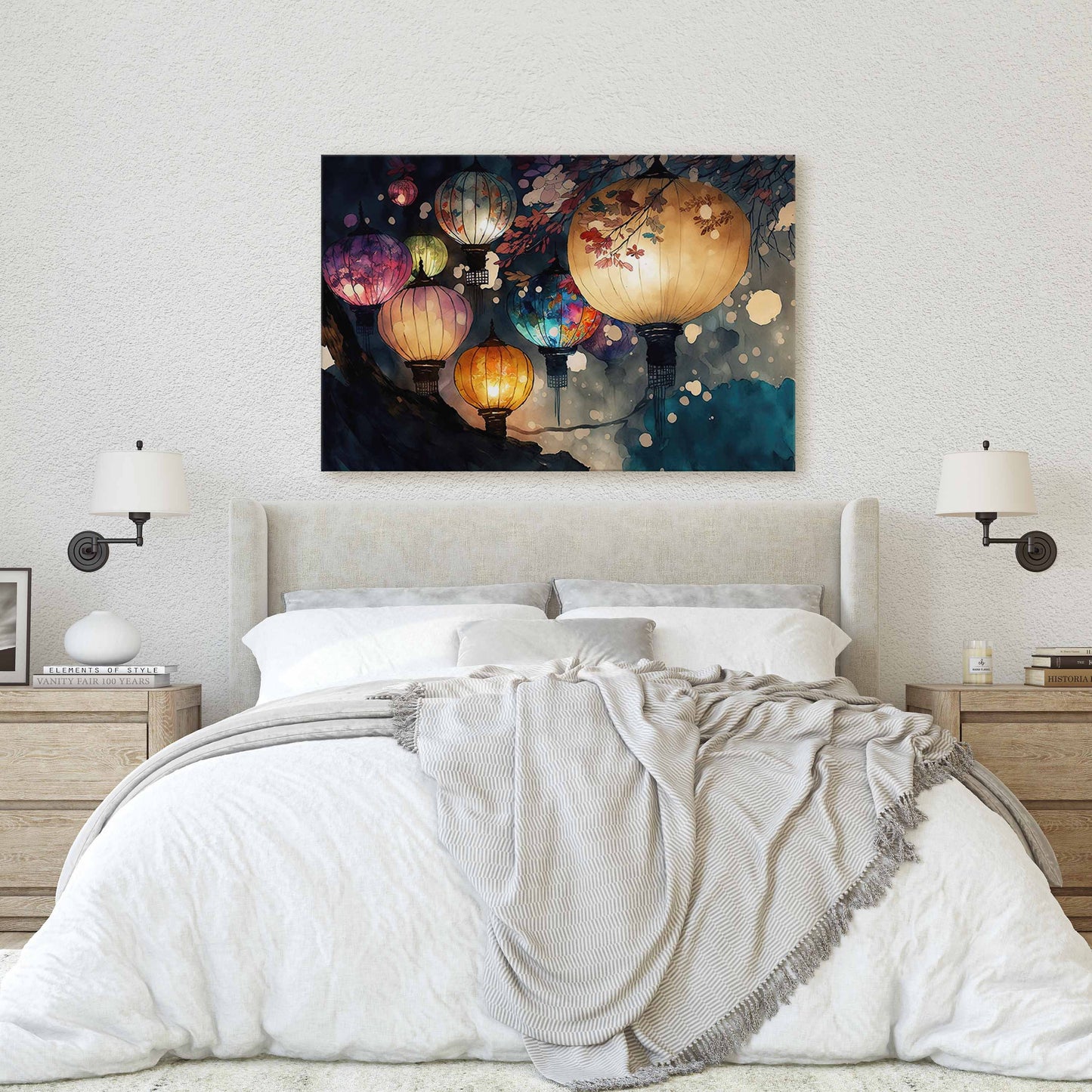 Paper Lantern Festival Canvas Art Ready To Hang Large Print, Night Sky, Watercolor, Chinese, Japanese
