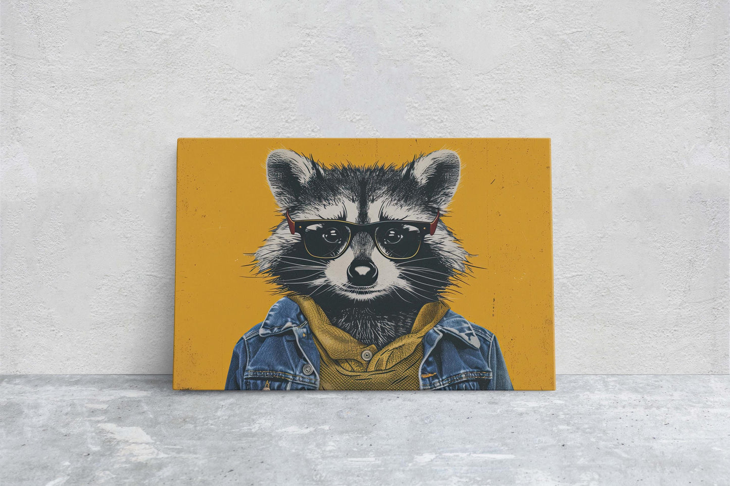 Hipster Racoon, Pop Art, Street Art, Graffiti Painting, Animal Sunglasses, Yellow, Fun Quirky, Large Art Print, Kids Room, Boys Room