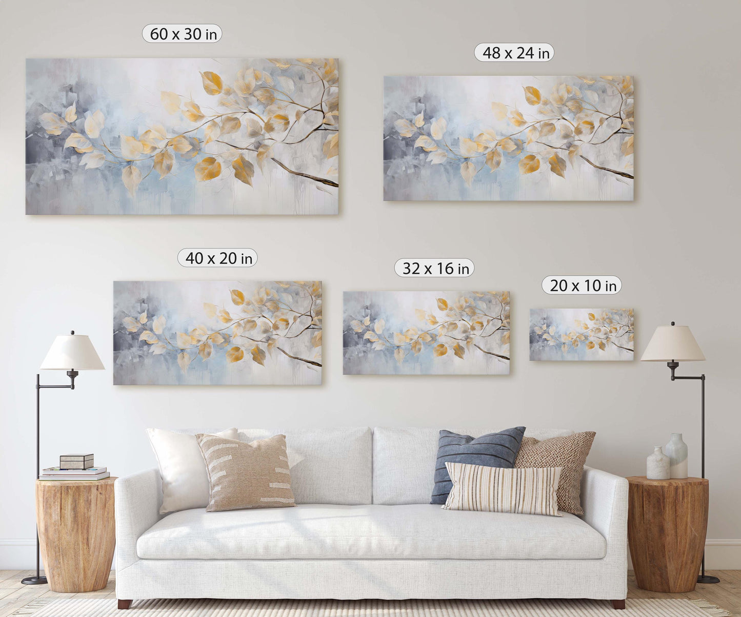Golden Branches Leaves, Canvas print, Neutral Tones, Floral Art Painting, Contemporary Canvas, Neutral Color, Gray and Gold, Blue Tones