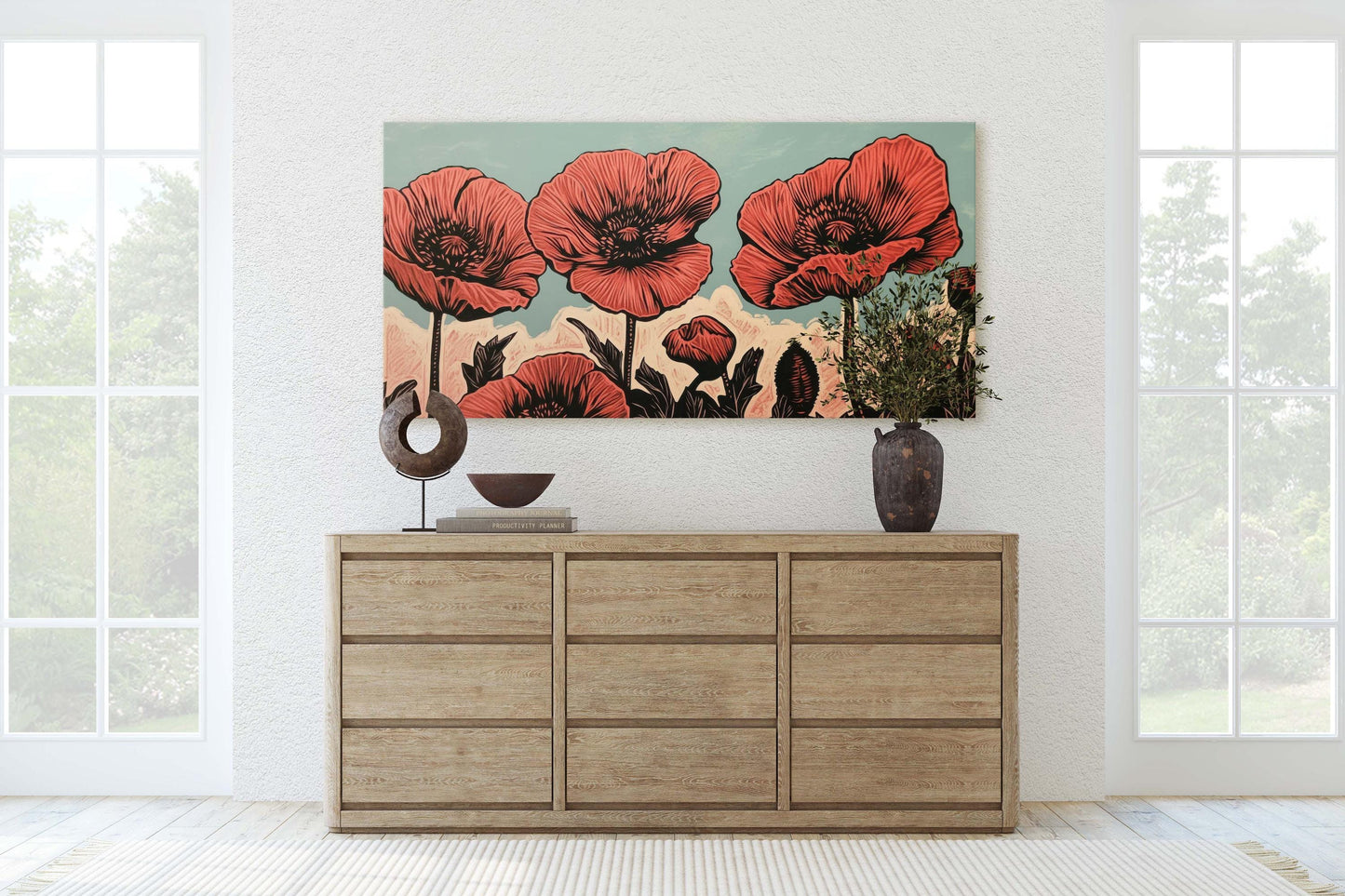 Red Poppies Art, Poppy Print, Linocut Print, Scandinavian Art