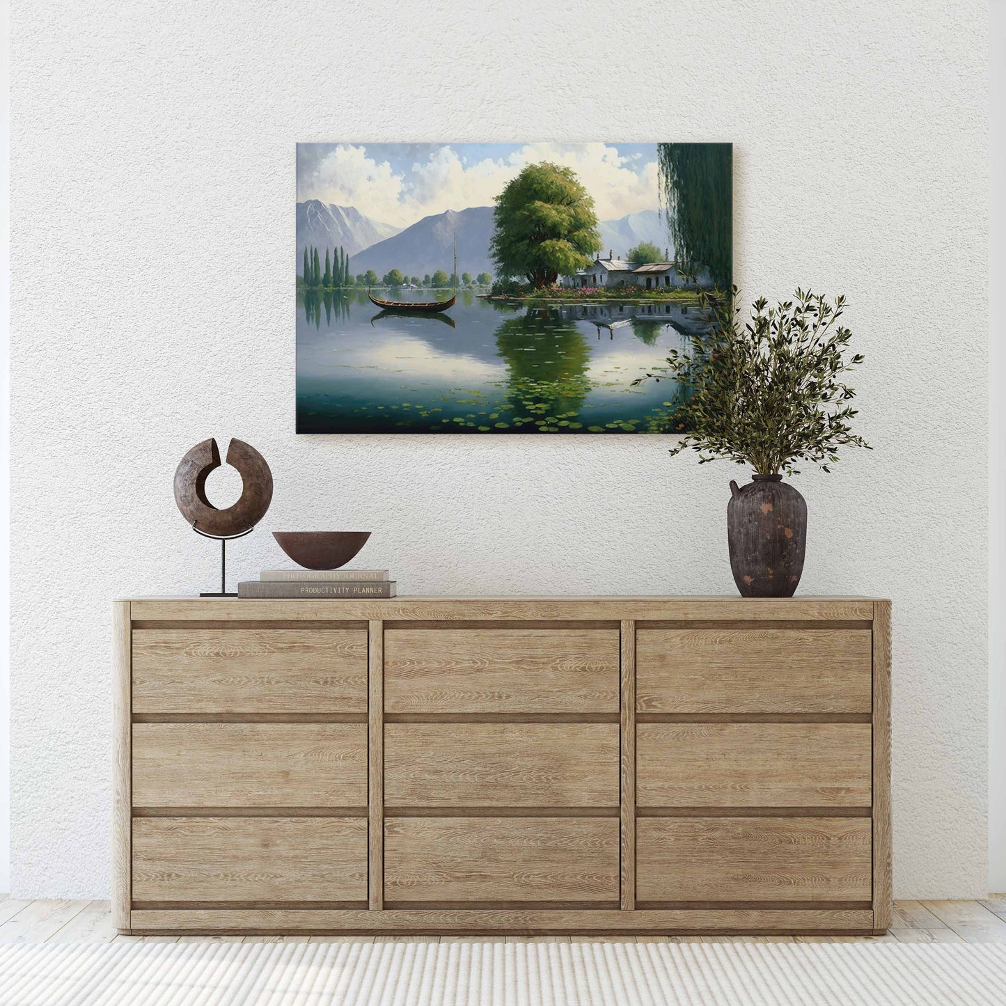 Lake Cottage Canvas Art Ready To Hang Large Print, Oil Painting, Landscape, Dali Lake India