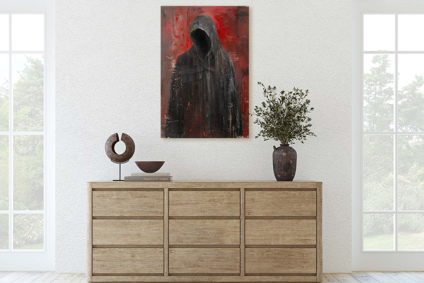 Figure of Death, Dark Robed Figure, Creepy Painting, Gothic Art, Dark Academia, Victorian Art, Red Decor