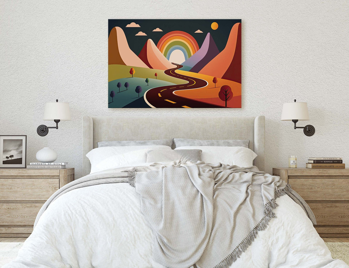Rainbow Road, Colorful mountain, Minimalist, Canvas Art Large Print, Oil Painting, Landscape, Cartoon, Bold Illustration, Joyful